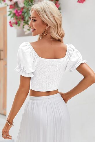 Womens Puff Short Sleeve Crop Tops Square Neck Ruched Front Bow Tie Shirts Cute Summer Vocation Beach Blouse in Saudi Arabia