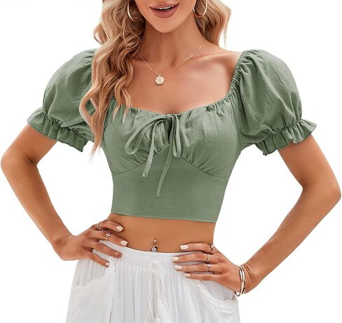Womens Puff Short Sleeve Crop Tops Square Neck Ruched Front Bow Tie Shirts Cute Summer Vocation Beach Blouse in Saudi Arabia