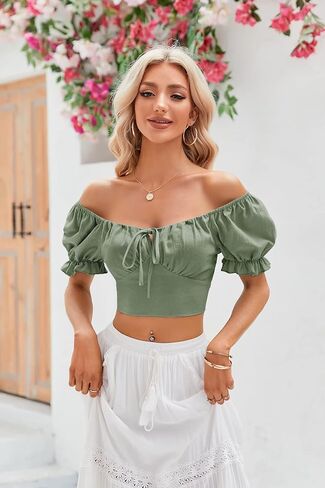 Womens Puff Short Sleeve Crop Tops Square Neck Ruched Front Bow Tie Shirts Cute Summer Vocation Beach Blouse in Saudi Arabia