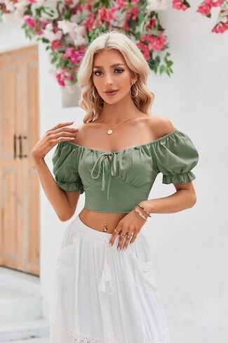 Womens Puff Short Sleeve Crop Tops Square Neck Ruched Front Bow Tie Shirts Cute Summer Vocation Beach Blouse in Saudi Arabia