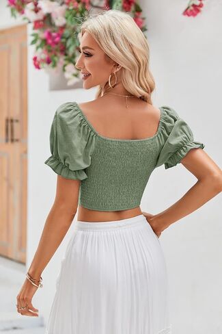 Womens Puff Short Sleeve Crop Tops Square Neck Ruched Front Bow Tie Shirts Cute Summer Vocation Beach Blouse in Saudi Arabia