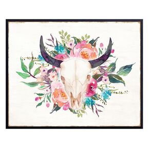 Boho Cow Skull Wall Art - Farmhouse Style Country Home Decor - Rustic Western Wall Decor - Blue Pink Cowgirl Barn Decorations for Women, Teen Girls - Southwestern Watercolor - Shabby chic Wall Decor