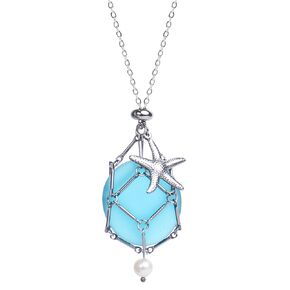 Handmade Fishnet Sea Glass Jewelry, Stainless Steel Silver Starfish Pearl Charm Necklace, Turquoise Blue Trendy Hawaiian Beach Jewelry, Cute Beachy Birthday Gift for Women Teen Girls