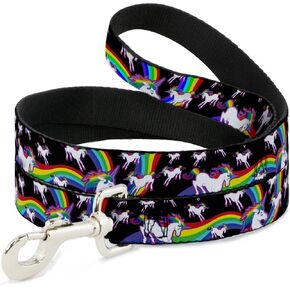 Dog Leash Unicorns Rainbow Swirl Black 4 Feet Long 0.5 Inch Wide