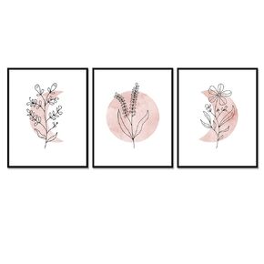 Boho Blush Pink Floral, Sun Moon Art, Moon Art Set of 3 Prints, Abstract Black Line Wall Art, Moon Phases Wall Art, Above Bed Art, Moon And Flowers Art, 11x14inch Unframed