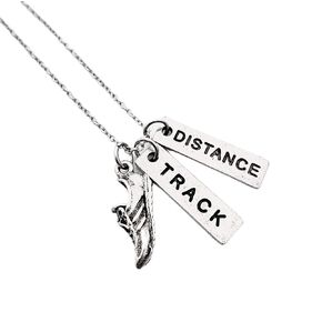 Pewter RUN TRACK DISTANCE Necklace - Pewter Running Shoe Charm, Pewter TRACK Pendant and Pewter DISTANCE Pendant on 18 inch Stainless Steel Cable Chain - All Pewter