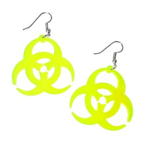 Neon Yellow Biohazard Symbol Pendant Dangle Earrings with Nickel Free Hooks, Zombie Outbreak, Black Light Rave Jewelry