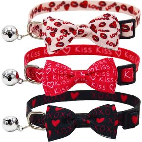 3PCS Valentines Day Cat Collar with Bow Tie and Bell Heart Love Red Lips Kiss XOXO Pattern for Small Medium Large Kitten Black Pink and Red