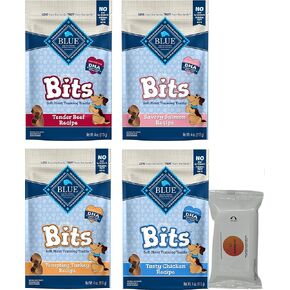 Variety Pack (4) Blue Bits Soft-Moist Training Dog Treats (Salmon, Chicken, Beef, Turkey) 4-oz Bags with AuroraPet Wipes