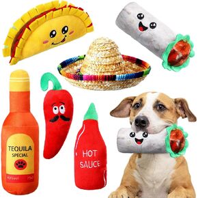Syhood 6 Pcs Fiesta Dog Chew Toys Dog Sombrero Set, Include 1 Mexican Dog Sombrero Hat for Small Dog, 5 Squeak Plush Toys, Dog Chew Toy for Halloween Christmas Pet Gift