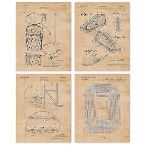Vintage Basketball Patent Prints, 4 (8x10) Unframed Photos, Wall Art Decor Gifts Under 20 for Home Office Garage Shop School Gym College Student Teacher Coach National Championship Sports Team Fan