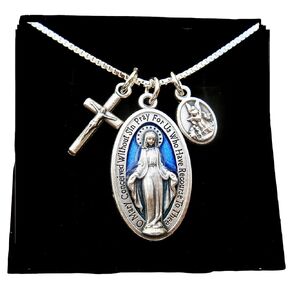 Dark Blue Enamel Miraculous Medal Necklace, Virgin Mary Miraculous Medal, 18" Sterling Silver Box Chain Necklace, Virgin Mary Medallion, St. Michael/Guardian Angel Charm