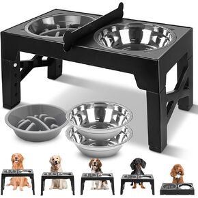Elevated Dog Bowls, 5 Heights Adjustable Raised Dog Bowls with Non-Slip Feet and Bone Shape Baffle, Dog Feeder with Stainless Steel&Slow Feeder Dog Bowl, Dog Food Bowl for Medium Large Dogs