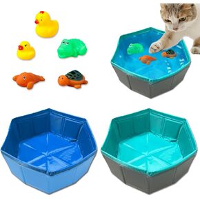 2 pcs Cat Pool Toys with 5 pcs Swimming Toys, VEINARDYL Foldable PVC Cat Splash Play Pool Cat Water Mat Toy Funny Interactive Cat fish Toy Swimming Pool for Indoor Bored Cats to Self Play