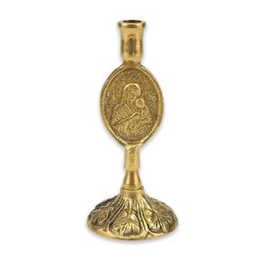 Theotokos Design Brass Candle Holder, Christian Candlestick, Height 3.74 inch