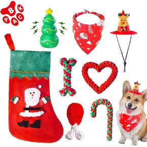 8 Pieces Christmas Dog Toys Gifts for Small and Medium Dogs with Hat and Bandana,Dog Christmas Stocking with Rope Toys and Squeaker Toys, Christmas Puppy Chew Toys for Teething Bulk