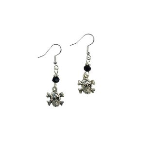 Detailed Charm Skull & Crossbones Earrings, Halloween Earrings, with jet crystal accent beads, on sterling silver earwires
