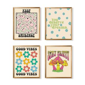 Retro Cute Poster - Postive Quotes Wall Art Print - Cool Vintage Happy Smile Faces Picture - Hippie Indie Kidcore Room Decor - Stay Trippy Good Vibe Aesthetic - 60s 70s 80s Groovy Mushroom Decoration