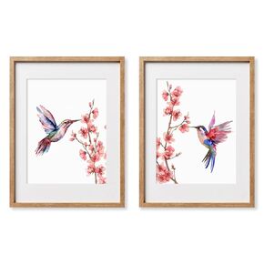 Modern Watercolor Hummingbird Decor - Minimalist Sakura Cherry Blossom Wall Art - Pink Nature Wall Print for Farmhouse - 8x10 Unframed - Flower Birds Poster Picture for Bathroom Kitchen Bedroom Office