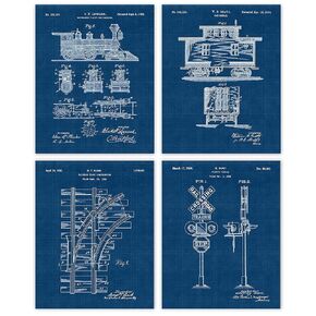 Vintage Locomotive Engine Car Body Patent Prints, 4 (8x10) Unframed Photos, Wall Art Decor Gift for Home Office Mechanical Gears Garage College School Student Teacher Coach Railroad Train Engineer Fan