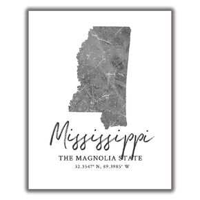 Mississippi State Map Wall Art Print - 8x10 Silhouette Decor Print with Coordinates. Makes a Great Magnolia State-Themed Gift. Shades of Grey, Black & White.