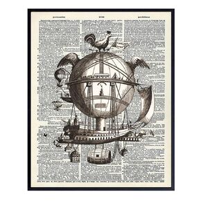 Steampunk Dirigible Airship - Cool Rustic Upcycled Dictionary Wall Art Print - Gift for Steampunk Hot Air Balloon Fans - Unique Goth Gothic Home Decor - Vintage 8x10 UNFRAMED Photo