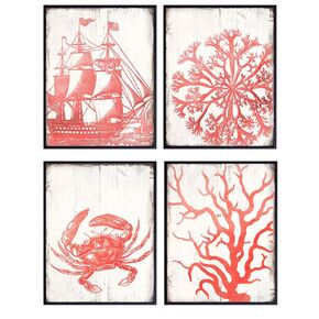 Nautical Ocean Themed Wall Art Decorations - Pink Bathroom Accessories for Beach House, Bedroom, Living Room, Office - Coral Wall Decor - Ship, Crab, Ernst Haeckel Botanical Posters -8x10 Pictures Set