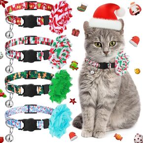 4 Pieces Christmas Cat Collar Flower Breakaway Cat Collar Red Green with Bell Christmas Tree Gingerbread Adjustable Pet Cat Accessories for Girl Cats Small Animals Pets