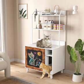 Cat Litter Box Enclosure for 2 Cats, Cat Litter Cabinet, Double Litter Box Enclosure with Shelve, Cat Litter Box Furniture Hidden with Storage and Scratch Mat, Fit Most of Litter Box, White