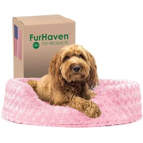 Furhaven Dog Bed for Large/Medium Dogs w/ Removable Washable Cover & Pillow Cushion Insert, For Dogs Up to 30 lbs - Ultra Plush Faux Fur Oval Lounger - Pink, Large