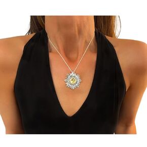 Silver Sun Necklace with Yellow Bismuth Crystal, Sterling Sunburst Includes Diamond Cut, Sterling Silver Chain