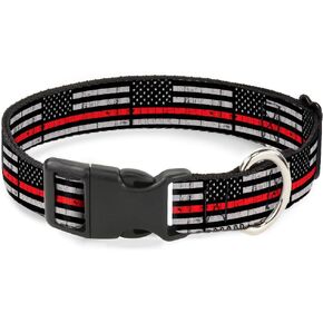 Buckle-Down Dog Collar Plastic Clip Thin Red Line Flag Weathered Black Gray Red 9 to 15 Inches 1.0 Inch Wide