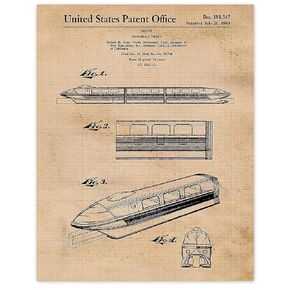Vintage Amusement Park Monorail Patent Print, 1 (11x14) Unframed Photos, Wall Art Decor Gifts for Home Walter Disney Office Train Studio Tracks Gears Railroad Garage School Student Teacher Coach Fans