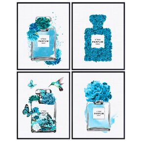 High Fashion design Glam Wall Art - Blue Decor - Designer Perfume Bottle Poster Set - Haute couture Pictures - Bedroom Decor for Women, Living room decoration - Luxury Gift - Hummingbirds Butterflies