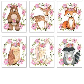 Girl Nursery Decor - Baby Girl Room - Kids Wall Art - Woodland Animal Pictures - Cute Playroom Posters - Forest Animals - Set of 6-8x10 - UNFRAMED (Woodland Animals over Flower Wreath)