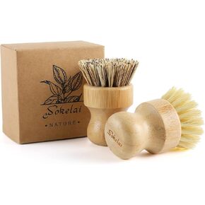 Bamboo Dish Scrub Brushes Set for Kitchen - Wooden Cleaning Scrubbers Brushes, Eco-Friendly Natural Dishes Washing Brush for Dishwashing Cast Iron Pots Pans Skillet Vegetables Sink, Set of 2