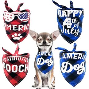 PET SHOW 4pcs Plaid Small Dog Bandanas 4th of July Independence Day Triangle Bibs American Flag Patriotic Bandanas USA Bandana for Boys Girls Dogs