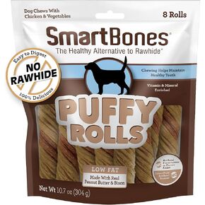 Smartbones Puffy Rolls Chews for Dogs, 8 Count, Treat Your Dog to Easy-to-Digest Rawhide-Free Chews Made with Real Peanut Butter and Bison
