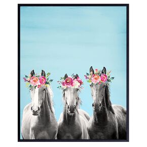 Horse Wall Art - Horse Wall Decor - Boho Farmhouse Wall Decor for Women, Teen Girls Bedroom, Office, Living Room - Country Western Bohemian Decorations - Light Blue Horse Poster 8x10
