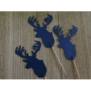 Large Deer Head Cupcake Toppers - Navy Blue Deer Food Picks - Party Picks - Lumberjack Appetizer Picks - Hunter Party - Buck - Stag - Baby Boy Shower (Set of 24)