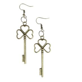 DHARK RHED Antique Skeleton Key Earrings Bronze Clover Heart 3Ring Vintage Unisex Jewelry QTY: 1 Pair (3Ring)