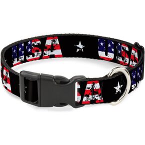Buckle-Down Plastic Clip Collar - USA w/Star Black/US Flags - 1" Wide - Fits 15-26" Neck - Large