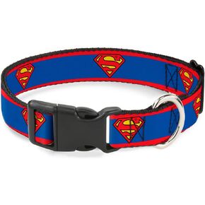 Buckle-Down Dog Collar Plastic Clip Superman Shield Stripe Red Blue 18 to 32 Inches 1.5 Inch Wide