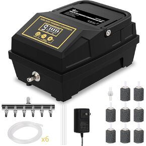 AQQA Powerful Aquarium Air Pump Hydroponic Pond Air Pump High Output Fish Tank Air Oxygen Pump Adjustable Airflow with 6 Outlets Rechargeable Aerator Pump Battery Commercial Air Pump (10W, 260GPH)