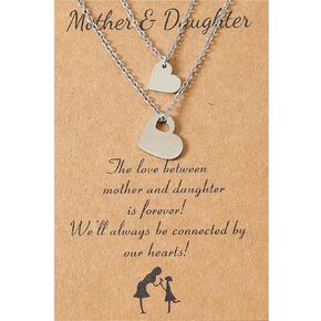 Bonus Mom Mothers Day Necklace for Mom,Pack 2 Personalized Heart Necklace,Mom and Daughter Matching Necklace,Silver Necklace for Mom with Mothers Day Card
