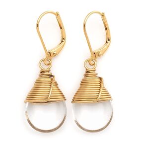 Clear Czech Glass Wire-wrapped Drop Gold Lever-back Earrings 1.4 Inches
