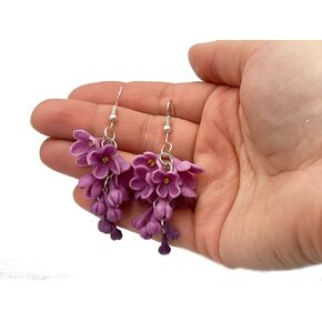 Purple lilac flower earrings, floral drop earrings, polymer clay jewelry, gift for her