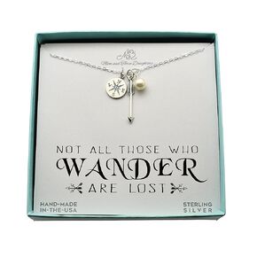 Compass Charm and Arrow Necklace Accented with a Crystal Pearl on an 18 Inch Sterling Silver Cable Chain. Compass Necklace. Retirement Gift. Gift for Traveler
