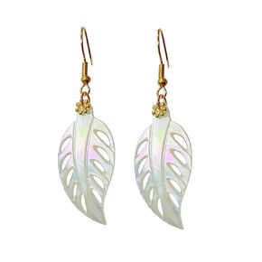 Natural Sea Shell Earrings for Women, Carved Mother of Pearl Leaf Earrings, Gold Plated Drop Dangle Earrings Women Girl Gift (White)