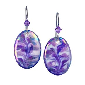 Purple, Lavender, & White Oval Porcelain Drop Earrings, Sterling Silver Hooks, Gift for Women